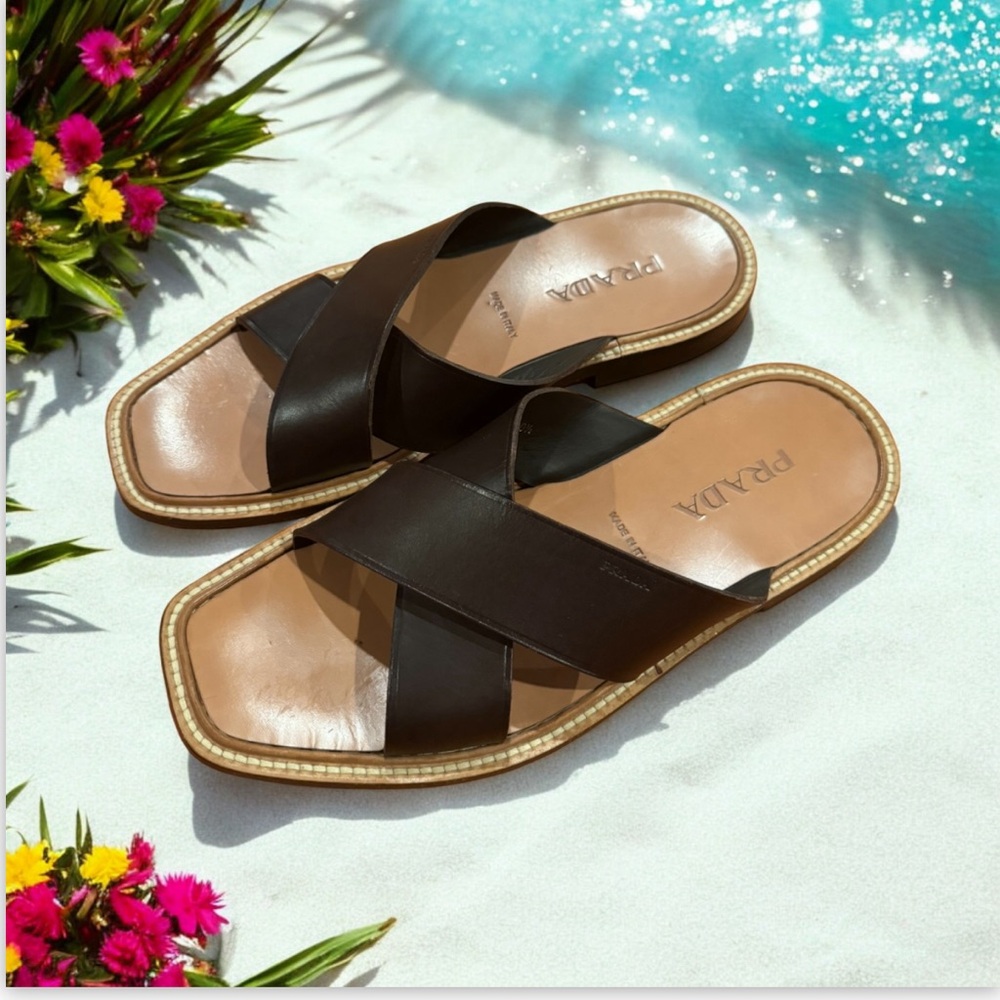 Prada slides, size 10 1/2 brown classics. Like size 10 1/2 run a little large.
